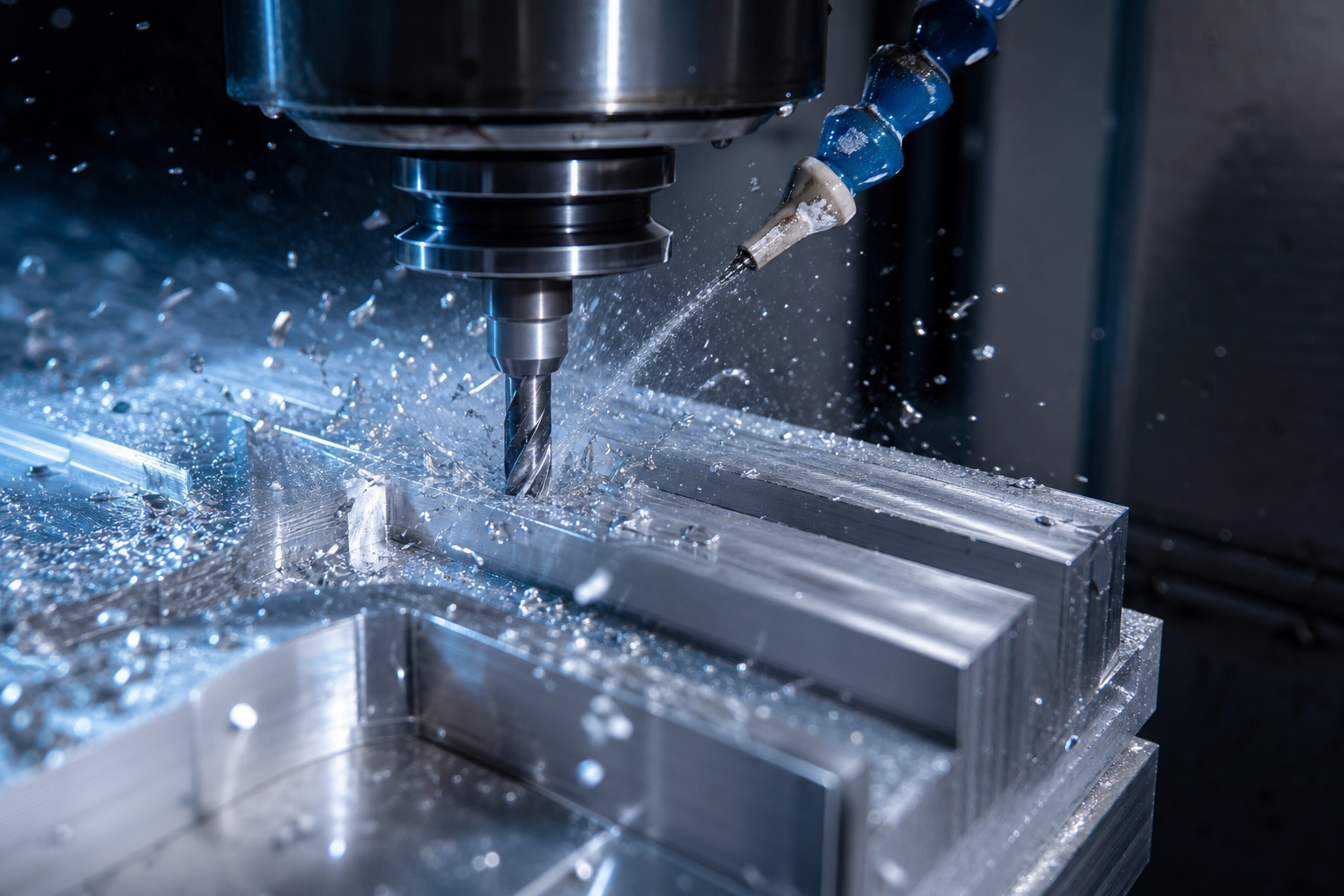 CNC machine cutting an aluminum panel with metal shavings visible