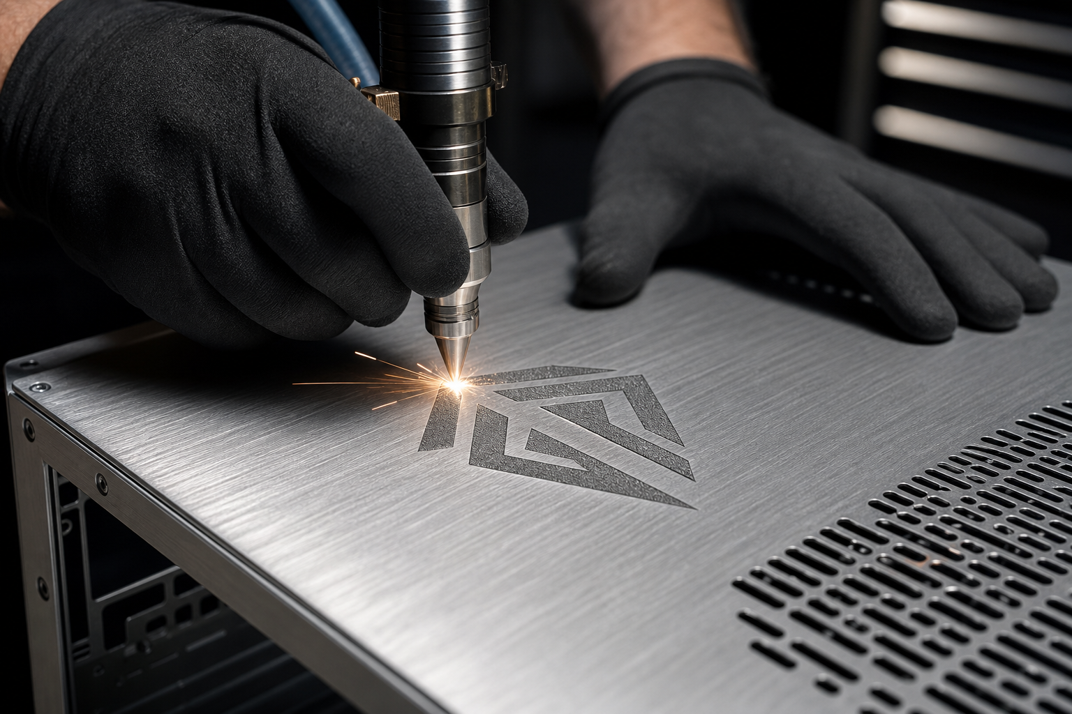 Technician engraving a logo onto a brushed metal case panel