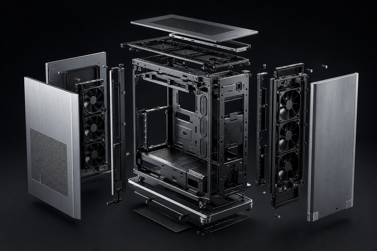 Open exploded-view custom PC case revealing internal layout